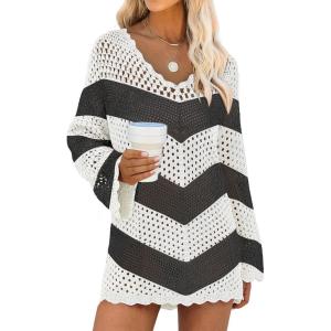 imageANRABESS Women Swimsuit Crochet Swim Cover Up Summer Bathing Suit Swimwear V Neck Mesh Knit Beach Dress Vacation OutfitsChevron Black White Stripes