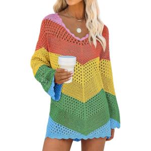 imageANRABESS Women Swimsuit Crochet Swim Cover Up Summer Bathing Suit Swimwear V Neck Mesh Knit Beach Dress Vacation OutfitsChevron Rainbow Stripes 2