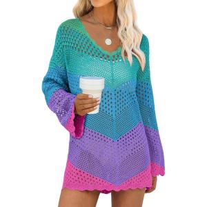 imageANRABESS Women Swimsuit Crochet Swim Cover Up Summer Bathing Suit Swimwear V Neck Mesh Knit Beach Dress Vacation OutfitsChevron Rainbow Stripes