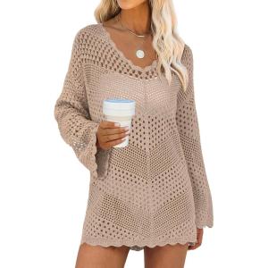 imageANRABESS Women Swimsuit Crochet Swim Cover Up Summer Bathing Suit Swimwear V Neck Mesh Knit Beach Dress Vacation OutfitsKhaki