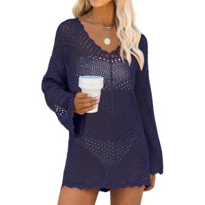 imageANRABESS Women Swimsuit Crochet Swim Cover Up Summer Bathing Suit Swimwear V Neck Mesh Knit Beach Dress Vacation OutfitsNavy Blue