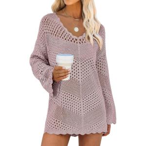 imageANRABESS Women Swimsuit Crochet Swim Cover Up Summer Bathing Suit Swimwear V Neck Mesh Knit Beach Dress Vacation OutfitsPink