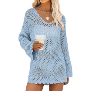 imageANRABESS Women Swimsuit Crochet Swim Cover Up Summer Bathing Suit Swimwear V Neck Mesh Knit Beach Dress Vacation OutfitsSky