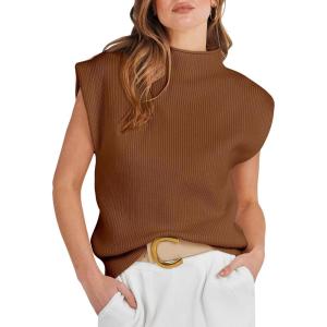 imageANRABESS Womens Mock Neck Sleeveless Sweater Vest Casual Cap Sleeve Knit Pullover Tank Tops 2025 Spring Summer ClothesCaramel