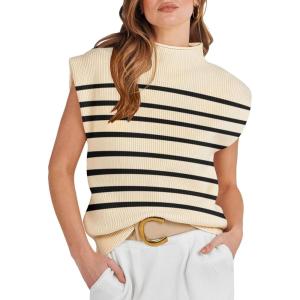 imageANRABESS Womens Mock Neck Sleeveless Sweater Vest Casual Cap Sleeve Knit Pullover Tank Tops 2025 Spring Summer ClothesStripe Beige