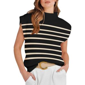 imageANRABESS Womens Mock Neck Sleeveless Sweater Vest Casual Cap Sleeve Knit Pullover Tank Tops 2025 Spring Summer ClothesStripe Black