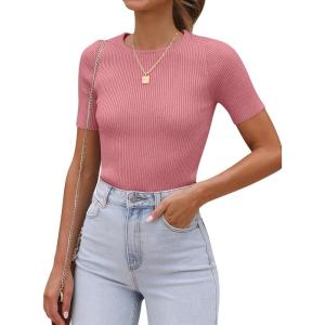 imageANRABESS Womens Short Sleeve Crewneck T Shirt Ribbed Knit Sweater Shirts Slim Fit Basic Casual Spring Summer Sweater Tee TopsCoral