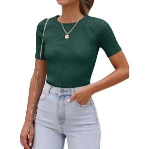 imageANRABESS Womens Short Sleeve Crewneck T Shirt Ribbed Knit Sweater Shirts Slim Fit Basic Casual Spring Summer Sweater Tee TopsGreen