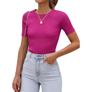 imageANRABESS Womens Short Sleeve Crewneck T Shirt Ribbed Knit Sweater Shirts Slim Fit Basic Casual Spring Summer Sweater Tee TopsHot Pink