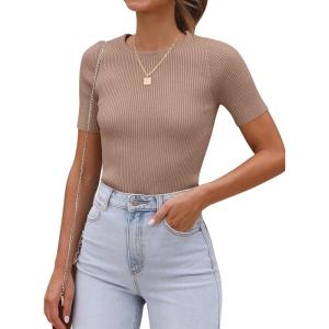 imageANRABESS Womens Short Sleeve Crewneck T Shirt Ribbed Knit Sweater Shirts Slim Fit Basic Casual Spring Summer Sweater Tee TopsKhaki
