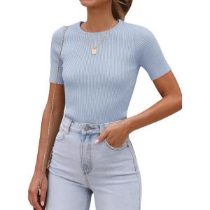 imageANRABESS Womens Short Sleeve Crewneck T Shirt Ribbed Knit Sweater Shirts Slim Fit Basic Casual Spring Summer Sweater Tee TopsLight Blue
