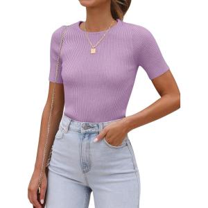 imageANRABESS Womens Short Sleeve Crewneck T Shirt Ribbed Knit Sweater Shirts Slim Fit Basic Casual Spring Summer Sweater Tee TopsLight Purple