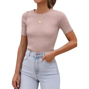 imageANRABESS Womens Short Sleeve Crewneck T Shirt Ribbed Knit Sweater Shirts Slim Fit Basic Casual Spring Summer Sweater Tee TopsPink