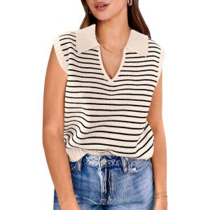 imageANRABESS Women Summer Tank Tops Striped Sleeveless Polo V Neck Knit Sweater Vest Shirts 2025 Trendy Cute OutfitsAlmond Black Stripe