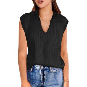imageANRABESS Women Summer Tank Tops Striped Sleeveless Polo V Neck Knit Sweater Vest Shirts 2025 Trendy Cute OutfitsBlack