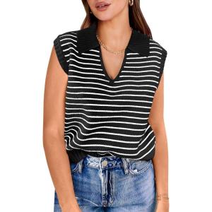 imageANRABESS Women Summer Tank Tops Striped Sleeveless Polo V Neck Knit Sweater Vest Shirts 2025 Trendy Cute OutfitsBlack White Stripe
