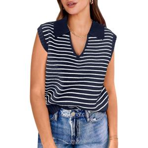 imageANRABESS Women Summer Tank Tops Striped Sleeveless Polo V Neck Knit Sweater Vest Shirts 2025 Trendy Cute OutfitsNavy White Stripe