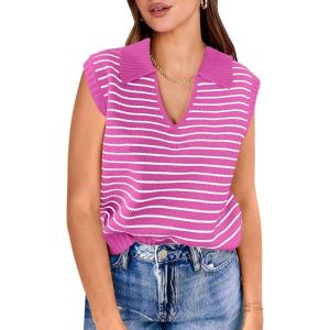 imageANRABESS Women Summer Tank Tops Striped Sleeveless Polo V Neck Knit Sweater Vest Shirts 2025 Trendy Cute OutfitsRose Red White Stripe