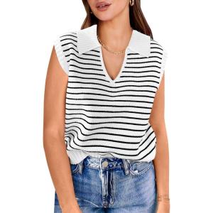 imageANRABESS Women Summer Tank Tops Striped Sleeveless Polo V Neck Knit Sweater Vest Shirts 2025 Trendy Cute OutfitsWhite Black Stripe