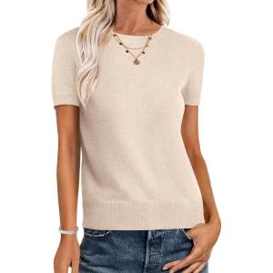 imageANRABESS Womens Short Sleeve Sweaters Wool Blend Crew Neck Sweater Shirts Business Casual Work Tops 2025 Summer OutfitsBeige