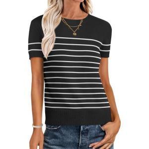 imageANRABESS Womens Short Sleeve Sweaters Wool Blend Crew Neck Sweater Shirts Business Casual Work Tops 2025 Summer OutfitsBlack White Stripe