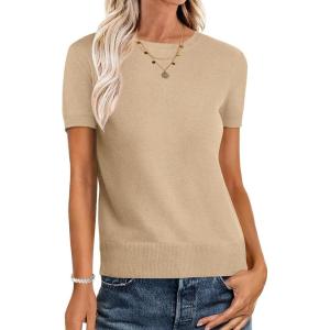 imageANRABESS Womens Short Sleeve Sweaters Wool Blend Crew Neck Sweater Shirts Business Casual Work Tops 2025 Summer OutfitsKhaki