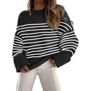 imageANRABESS Womens Oversized Crewneck Long Sleeve Fuzzy Knit Casual Chunky Warm 2025 Fall Pullover Sweaters Top Trendy OutfitsBlack White Stripe