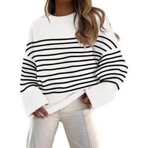 imageANRABESS Womens Oversized Crewneck Long Sleeve Fuzzy Knit Casual Chunky Warm 2025 Fall Pullover Sweaters Top Trendy OutfitsBlack White Stripes