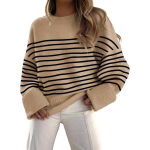 imageANRABESS Womens Oversized Crewneck Long Sleeve Fuzzy Knit Casual Chunky Warm 2025 Fall Pullover Sweaters Top Trendy OutfitsCamel Black Stripe