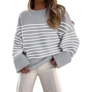 imageANRABESS Womens Oversized Crewneck Long Sleeve Fuzzy Knit Casual Chunky Warm 2025 Fall Pullover Sweaters Top Trendy OutfitsGrey White Stripe