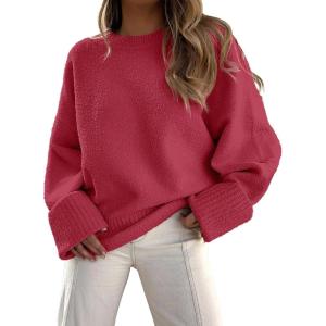 imageANRABESS Womens Oversized Crewneck Long Sleeve Fuzzy Knit Casual Chunky Warm 2025 Fall Pullover Sweaters Top Trendy OutfitsRed