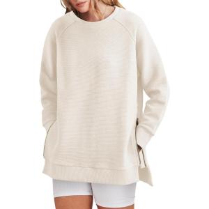 imageANRABESS Womens Oversized Sweatshirt Crewneck Long Sleeve Tunic Pollover Shirt Side Zipper Hoodie Sweater 2025 Spring ClothesApricot