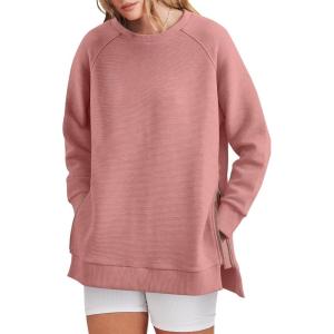 imageANRABESS Womens Oversized Sweatshirt Crewneck Long Sleeve Tunic Pollover Shirt Side Zipper Hoodie Sweater 2025 Spring ClothesDark Pink