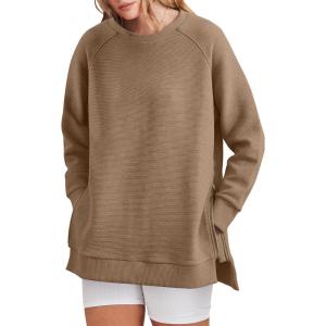 imageANRABESS Womens Oversized Sweatshirt Crewneck Long Sleeve Tunic Pollover Shirt Side Zipper Hoodie Sweater 2025 Spring ClothesKhaki