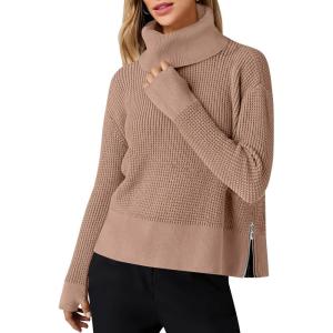 imageANRABESS Womens Turtleneck Long Sleeve Sweaters Waffle Knit Casual Side Zipper Pullover Tops Thumbhole 2024 Fall OutfitsKhaki