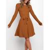 imageANRABESS Womens Long Sleeve Midi Dress Crewneck Tie Waist ALine Swing Casual Bodycon Ribbed Knit 2025 Fall Sweater DressPumpkin