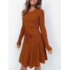 imageANRABESS Womens Long Sleeve Midi Dress Crewneck Tie Waist ALine Swing Casual Bodycon Ribbed Knit 2025 Fall Sweater DressRust