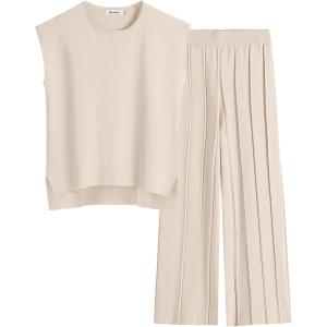 imageANRABESS Women 2 Piece Outfits Casual Summer Sleeveless Tops Knit Pants Sweater Lounge Matching Sets 2025 Trendy ClothesApricot