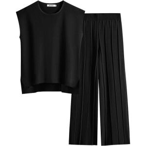 imageANRABESS Women 2 Piece Outfits Casual Summer Sleeveless Tops Knit Pants Sweater Lounge Matching Sets 2025 Trendy ClothesBlack