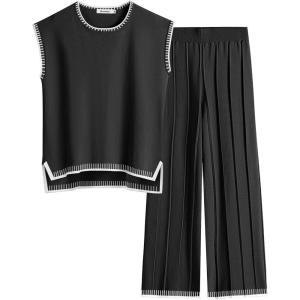 imageANRABESS Women 2 Piece Outfits Casual Summer Sleeveless Tops Knit Pants Sweater Lounge Matching Sets 2025 Trendy ClothesBlackwhite 02