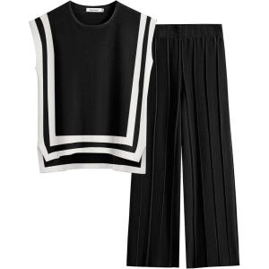 imageANRABESS Women 2 Piece Outfits Casual Summer Sleeveless Tops Knit Pants Sweater Lounge Matching Sets 2025 Trendy ClothesBlackwhite