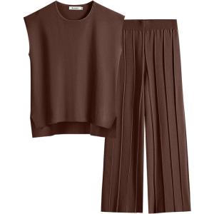 imageANRABESS Women 2 Piece Outfits Casual Summer Sleeveless Tops Knit Pants Sweater Lounge Matching Sets 2025 Trendy ClothesCoffee