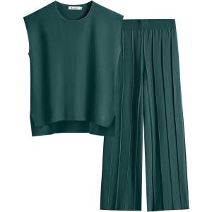 imageANRABESS Women 2 Piece Outfits Casual Summer Sleeveless Tops Knit Pants Sweater Lounge Matching Sets 2025 Trendy ClothesDark Green
