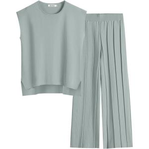 imageANRABESS Women 2 Piece Outfits Casual Summer Sleeveless Tops Knit Pants Sweater Lounge Matching Sets 2025 Trendy ClothesGrey Green