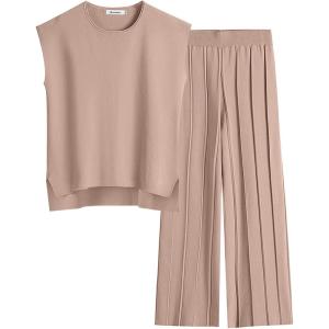 imageANRABESS Women 2 Piece Outfits Casual Summer Sleeveless Tops Knit Pants Sweater Lounge Matching Sets 2025 Trendy ClothesKhaki