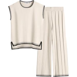 imageANRABESS Women 2 Piece Outfits Casual Summer Sleeveless Tops Knit Pants Sweater Lounge Matching Sets 2025 Trendy ClothesKhakiblack