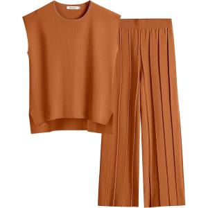imageANRABESS Women 2 Piece Outfits Casual Summer Sleeveless Tops Knit Pants Sweater Lounge Matching Sets 2025 Trendy ClothesRust