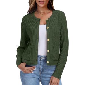 imageANRABESS Women Cardigan Sweater Dressy Casual Classic Long Sleeve Crew Neck Button Down Tweed Knit Jacket 2025 Spring OutfitsArmy Green