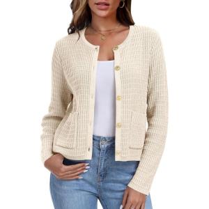 imageANRABESS Women Cardigan Sweater Dressy Casual Classic Long Sleeve Crew Neck Button Down Tweed Knit Jacket 2025 Spring OutfitsBeige
