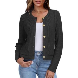 imageANRABESS Women Cardigan Sweater Dressy Casual Classic Long Sleeve Crew Neck Button Down Tweed Knit Jacket 2025 Spring OutfitsBlack
